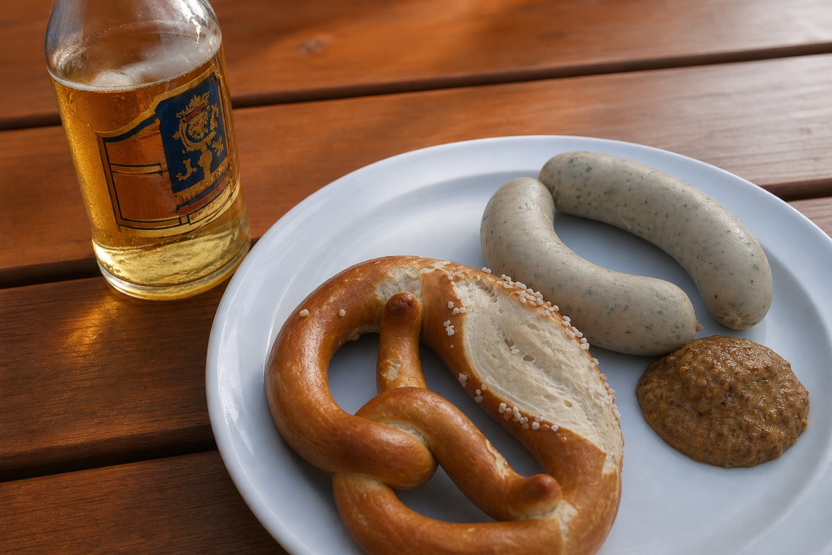Bavarian sausages, pretzel, and beer on a wooden table