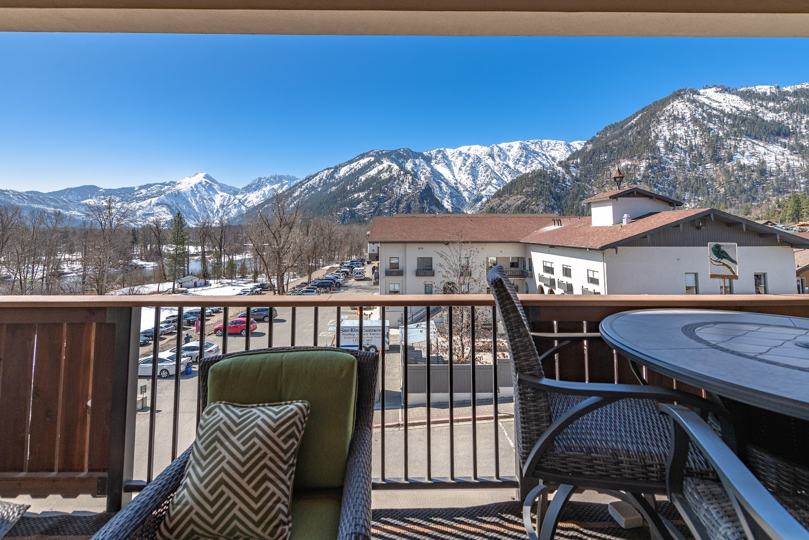 Covered deck seating with mountain view
