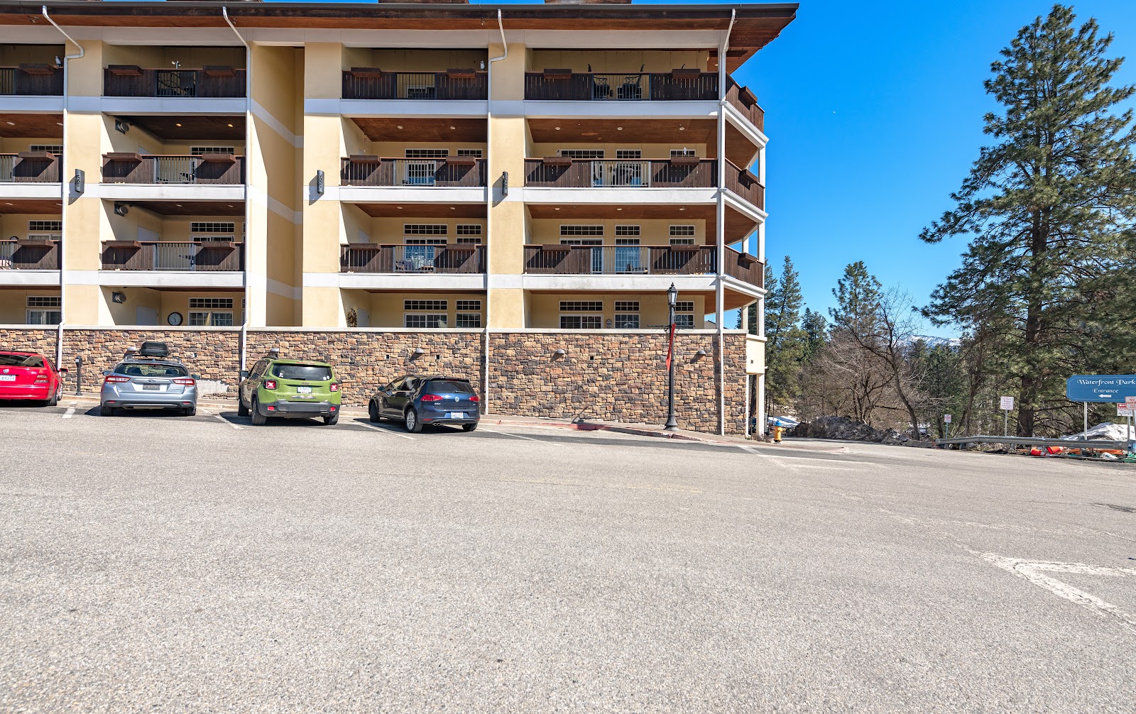 Building exterior with mountain backdrop
